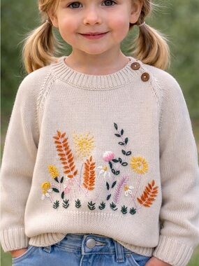 Baby Joy Mangano Cream Sweater with Hand-Embroidered Floral Accents
